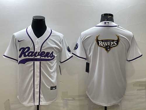 Men%27s Baltimore Ravens White Team Big Logo With Patch Cool Base Stitched Baseball Jersey